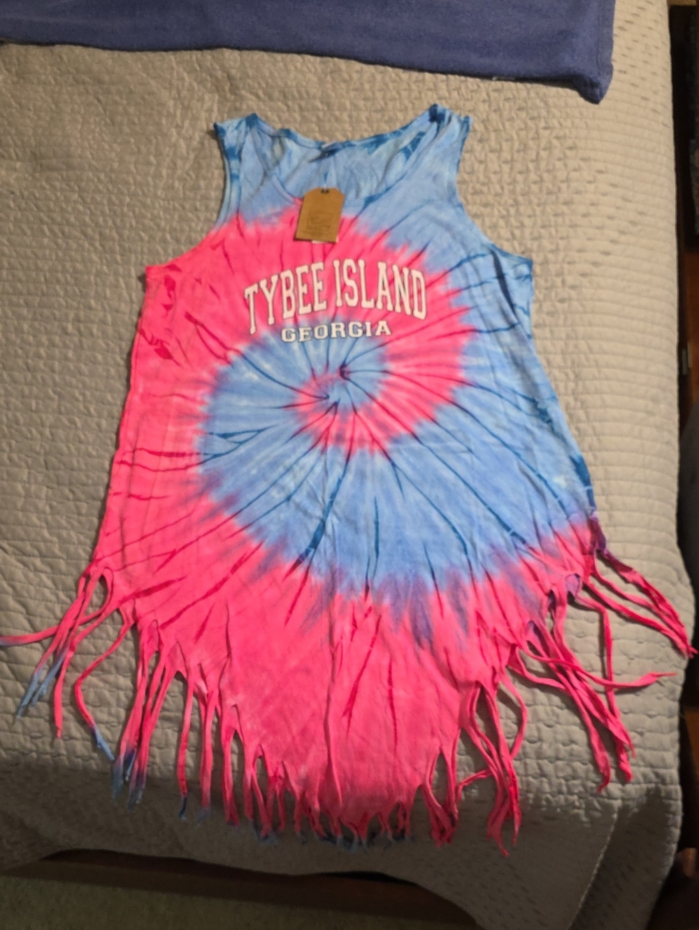 Tybee Island Georgia Tie-Dye Pink & Blue Womens Fringe Tank Top